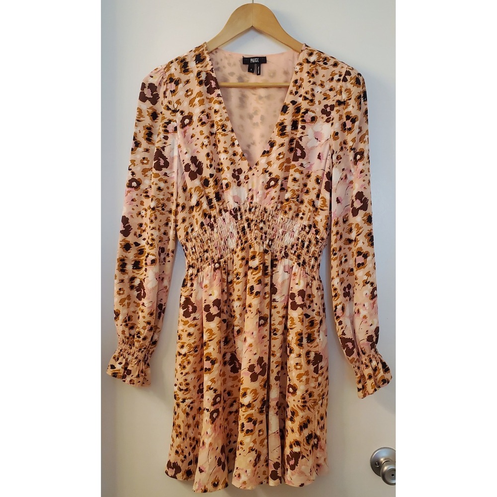 PAIGE Dress S Cheetah Print Blush/Brown/Pink Long Sleeve Gathered Waist Lined